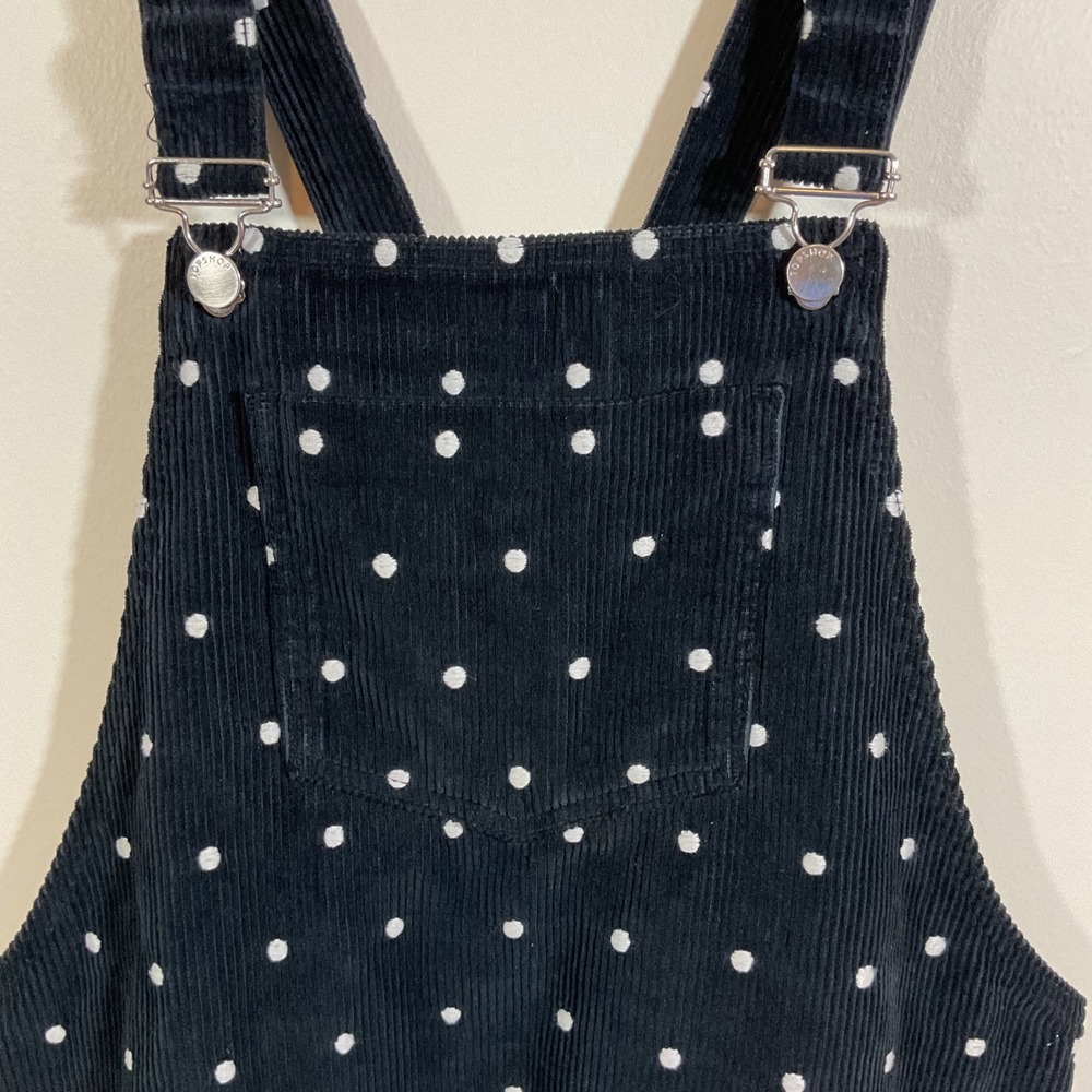 Topshop Black Polka Dot Corduroy Pinafore Overall Dress Women 8 Retro Schoolgirl - Picture 6 of 16